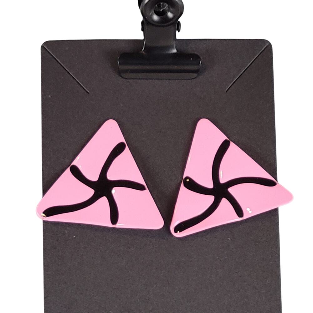 Vintage 80s Pink Triangle Enamel Earrings Retro Geometric Statement Jewelry